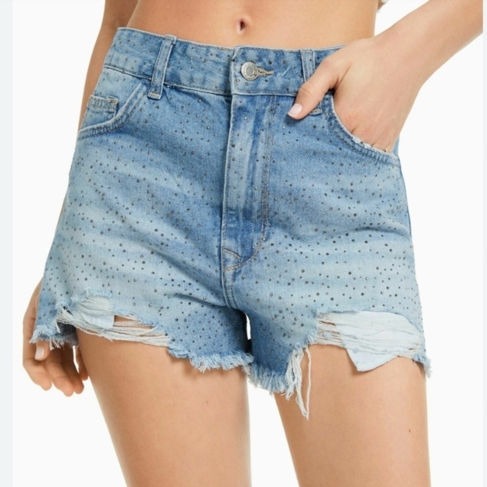 Bershka rhinestone studded  denim jean shorts light wash with distressed hem
